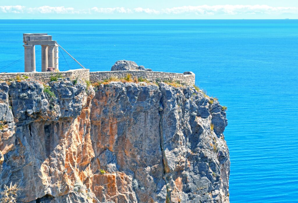 Temple columns on the cliff of the Lindos Acropolis