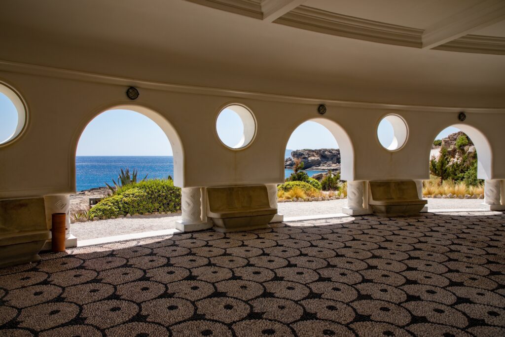 Arched seaside colonnade at Kalithea Springs